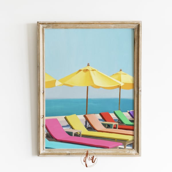 Retro Aesthetic Painting, Preppy Poolside Beach Wall Art, Maximalist Decor, Trendy Wall Art, Downloadable Art Colorful Print Beach Umbrellas