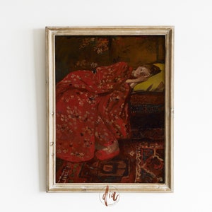 Dark Moody Female Portrait, Vintage Portrait Painting of Woman with Red Kimono, DIGITAL Classic Painting, Antique Portrait, Dark Aesthetic