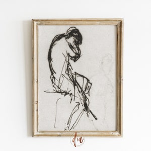 Vintage Figure Art, Abstract Pencil Drawing, Abstract Body Sketch, Antique Drawing, Abstract Line Art, Minimalist Decor, Light Academia