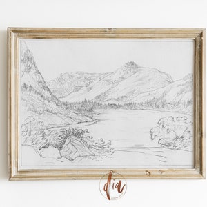 Vintage Landscape Drawing, Valley Sketch, Antique Landscape Sketch, French Country Farmhouse Decor, Digital Download, Gallery Wall Print