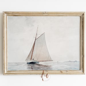 Vintage Sailboat Print, Nautical Watercolor Painting, Antique Painting, Vintage Coastal Decor, Digital Download, Beach House Muted Art Print