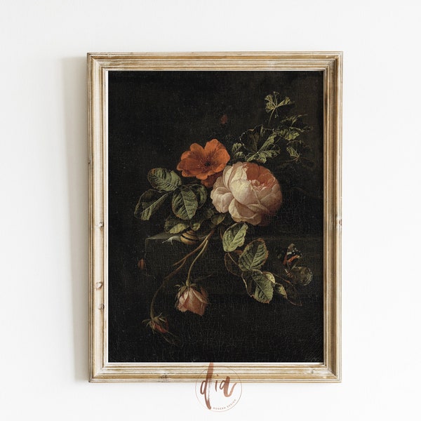 Vintage Floral Painting, Moody Wall Art Print, Pink Flowers Still lIfe Antique Oil Painting, Digital Horizontal Wall Art, Dark Academia Art