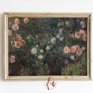 May include: An antique-style framed painting featuring a lush garden scene. The artwork showcases a variety of roses in shades of pink and white, set against a backdrop of green foliage. The frame has a gold finish.