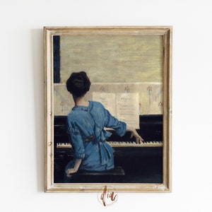 Vintage Portrait Print of Woman at Piano, Antique Oil Painting, Interior Scene, Printable Vintage Painting, DIGITAL French Country Art Print