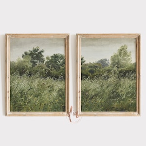 Grüne Wiese Druck 2er Set, Vintage Landschaftsmalerei, Grüne Wiese mit Bäumen und Wildblumen, Digitaldrucke Küchenregal Druck