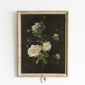 Dark Academia Blumen Gemälde, Vintage dunkle Blumendruck, Stimmungsvolle Stillleben, Cottagecore Dekor, druckbare Wandkunst, dunkle ästhetische Raumdekoration
