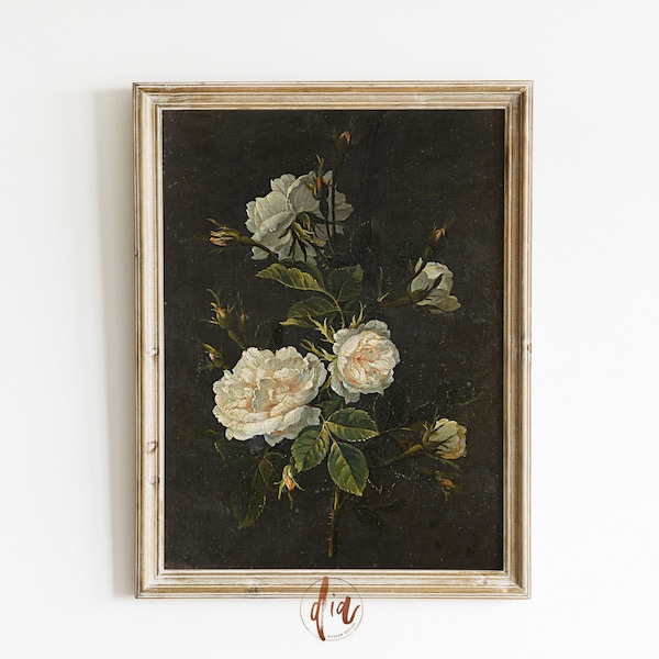 Pintura floral de la Academia Oscura, estampado floral oscuro vintage, bodegones cambiantes, decoración Cottagecore, arte de pared imprimible, decoración de la habitación estética oscura