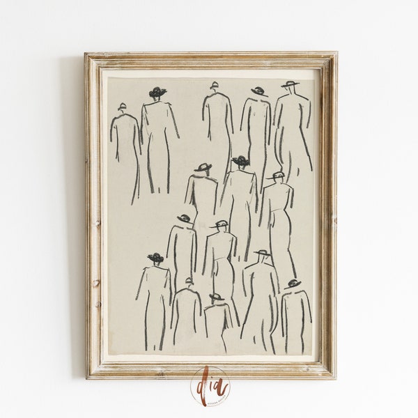 art de la figure vintage, dessin au fusain vintage, croquis, dessin antique, dessin au trait abstrait, art mural minimaliste, figures masculines avec des chapeaux