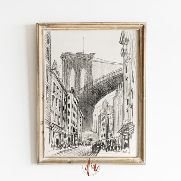 Vintage Brooklyn Bridge Drawing, New York City Antique Sketch, NYC Line Art Pencil Sketch, DIGITAL Gallery Wall Print, Neutral Aesthetic