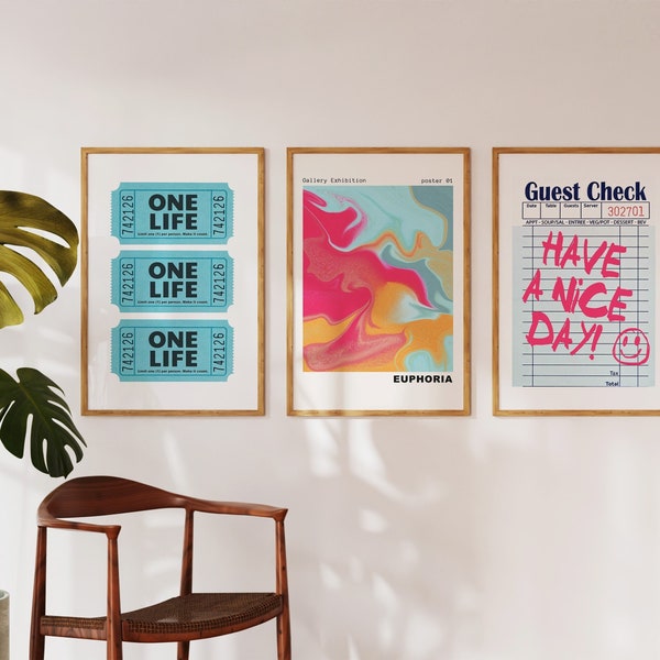 Trendy Wall Art Set of 3, Preppy Poster Prints, Pink Blue Wall Art, Colorful Prints, Maximalist Decor, Apartment Aesthetic, Digital Prints