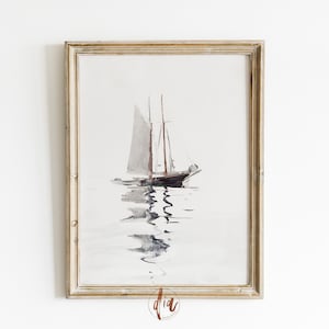 Muted Sailboat Print, Vintage Nautical Watercolor Painting, Antique Painting, Coastal Wall Art, Digital Download, Nautical Nursery Decor