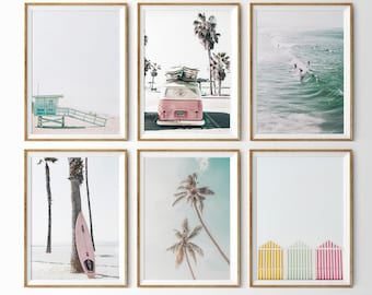 Coastal Wall Art Set of 6 Prints Pink Surfboard Surf Poster Pastel Beach Decor California Beach Surf Print Set Tropical Print Ocean Wall Art