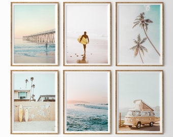 California Surf Art Set of 6 Prints Beach Wall Art Summer Prints Beach Poster Sunset Print Surfboard Wall Art Boho Beach Decor Coastal Print