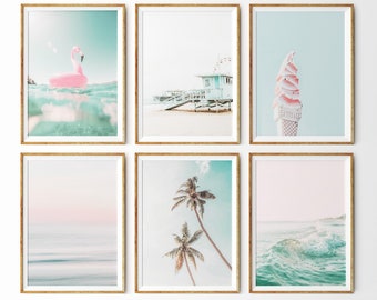 Beach Wall Art Prints Set of 6 Prints California Wall Art Pink Pastel Print Set Beach Decor Beach Nursery Retro Wall Art Summer Prints