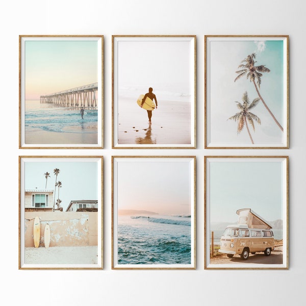 California Surf Art Set of 6 Prints Beach Wall Art Summer Prints Beach Poster Sunset Print Surfboard Wall Art Boho Beach Decor Coastal Print