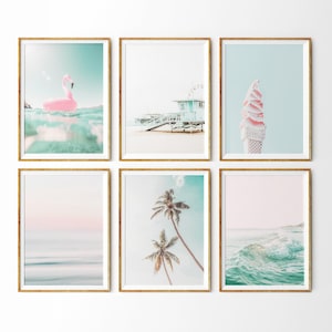 Beach Wall Art Prints Set of 6 Prints California Wall Art Pink Pastel Print Set Beach Decor Beach Nursery Retro Wall Art Summer Prints
