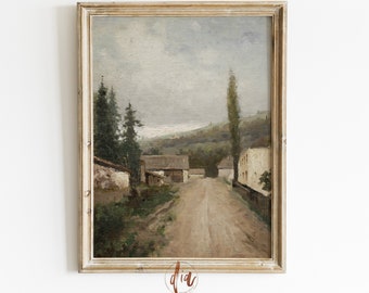 Vintage European Landscape Print, Antique Oil Painting, Provincial art, Country Landscape Village Road, French Farmhouse Decor Printable Art