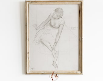 Könnte beinhalten: Eine gerahmte Schwarzweiß-Bleistiftzeichnung einer Ballerina in einem Tutu, mit dem Text "Le Ballet de Paris" und "Edgar Degas" sichtbar im Bild.