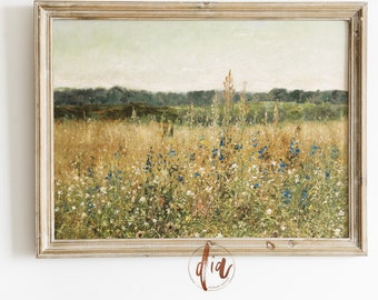 野生の花の風景画、ビンテージの春の草原の画、アンティークの油絵