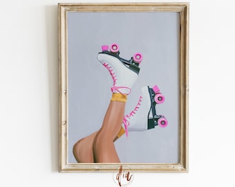 May include: A painting of a pair of white roller skates with pink wheels and laces. The skates are worn by a person with brown skin, and the legs are crossed at the ankles. The background is a light gray.