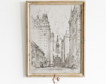 May include: A black and white drawing of a city street scene with tall buildings on either side. The buildings are drawn in a detailed style, with many windows and architectural features. The street is empty, except for a few cars in the distance.