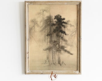 May include: A framed black and white ink painting of a forest scene with tall trees and a misty background.