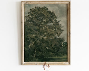 Moody Green Tree Art Print, Printable Vintage Painting, Print of Antique Oil Painting, Digital French Farmhouse Art Print, Country Decor