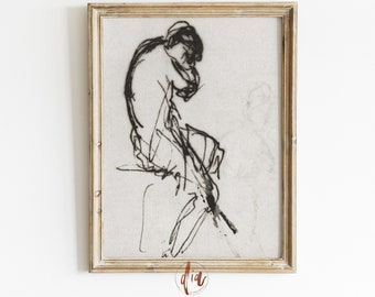 Vintage Figure Art, Abstract Pencil Drawing, Abstract Body Sketch, Antique Drawing, Abstract Line Art, Minimalist Decor, Light Academia