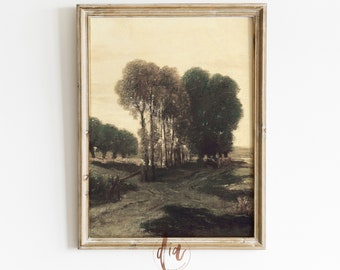 French Country Landscape Print, Moody Tree Art Print, VIntage Painting, Print of Antique Oil Painting, Digital Prints French Farmhouse Decor