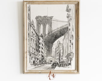 Vintage Brooklyn Bridge Drawing, New York City Antique Sketch, NYC Line Art Pencil Sketch, DIGITAL Gallery Wall Print, Neutral Aesthetic