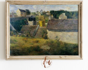 Vintage European Village Painting, Antique Rooftop Print, Country Village Wall Art, Country Farmhouse Decor, Room Aesthetic, Printable Art