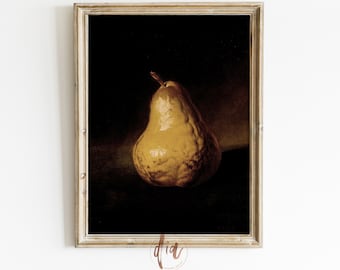 May include: A painting of a single, ripe, yellow pear with a dark brown stem, set against a dark background. The pear is the focal point of the painting, with its texture and form highlighted by the artist.