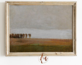 Gallery Wall Print Vintage Landscape Painting, Horizontal Wall Art, Warm Tones, Muted Field with Trees, Antique Oil Painting, Moody Wall Art