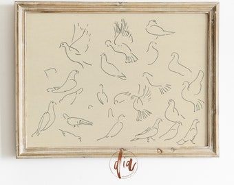 Vintage Line Art Dove Drawing, Antique Sketch, Dove Study, Neutral Wall Art, Farmhouse Decor, Digital Prints, Horizontal Gallery Wall Print