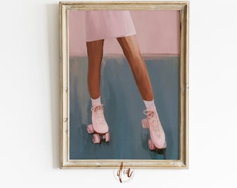 May include: A painting of a person wearing a pink skirt and roller skates. The person is skating on a blue and pink surface. The painting is framed in a light wood frame.