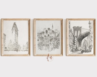 Vintage NYC-teckningar Set med 3 konsttryck, antika skisser, New York City stadsbild tryckset, digitala utskrifter, minimalistisk tavelväggsset