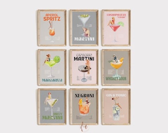 Cocktail Print Set of 9 Retro Cocktail Collage Art Prints, Bar Cart Art Gallery Wall Set, Trendy Wall Art, Aperol Spritz Espresso Martini