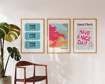 Trendy Wall Art Set of 3, Preppy Poster Prints, Pink Blue Wall Art, Colorful Prints, Maximalist Decor, Apartment Aesthetic, Digital Prints