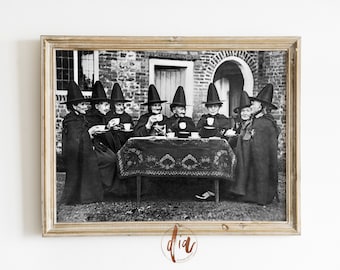 Vintage Halloween Wall Art Print, Witches Drinking Tea Printable Art, Downloadable Art, Halloween Decor, Horizontal Print, Digital Prints