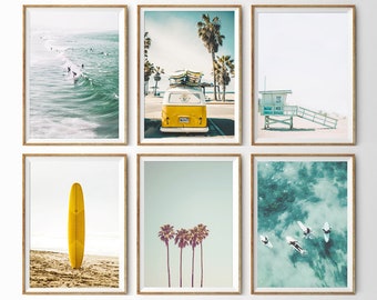 California Print Set of 6 Prints Surf Wall Art Beach Themed Room Beach Poster Set Surfboard Print 6 Piece Wall Art Coastal Decor Surfing