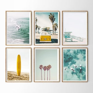 California Print Set of 6 Prints Surf Wall Art Beach Themed Room Beach Poster Set Surfboard Print 6 Piece Wall Art Coastal Decor Surfing