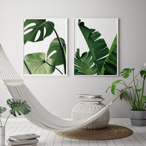 May include: Two framed prints of tropical green leaves, one with a monstera leaf and the other with a banana leaf, hanging on a white wall above a white hammock.