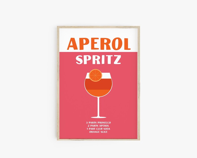 Pode incluir: Um cartaz rosa com o texto "Aperol Spritz" em laranja e branco. Uma ilustra&ccedil;&atilde;o de um coquetel Aperol Spritz com uma fatia de laranja est&aacute; no centro. Os ingredientes s&atilde;o listados abaixo: 3 partes de Prosecco, 2 partes de Aperol, 1 parte de &aacute;gua com g&aacute;s, fatia de laranja.