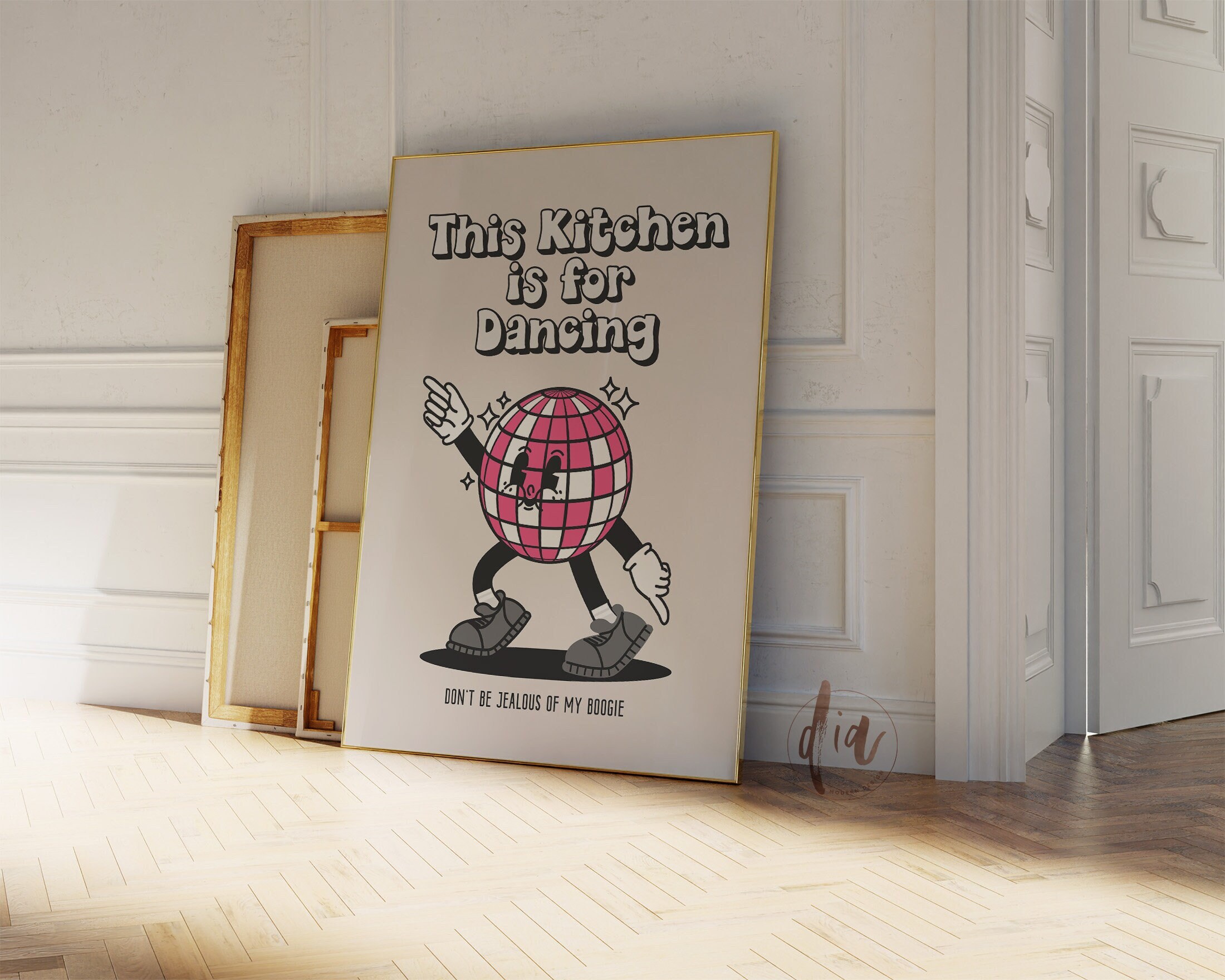 Retro Kitchen Poster, Trendy Wall Art Print, Vintage Disco Ball Character, This Kitchen Is For Dancing, 70s Cartoon Art Print, Printable Art