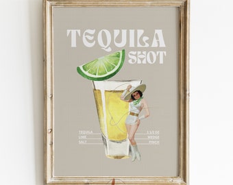 Tequila Shot Wall Art Print, Retro Bar Cart Decor, Western Cocktail Collage with Cowgirl, Digital Print, Gallery Wall Print, Printable Art