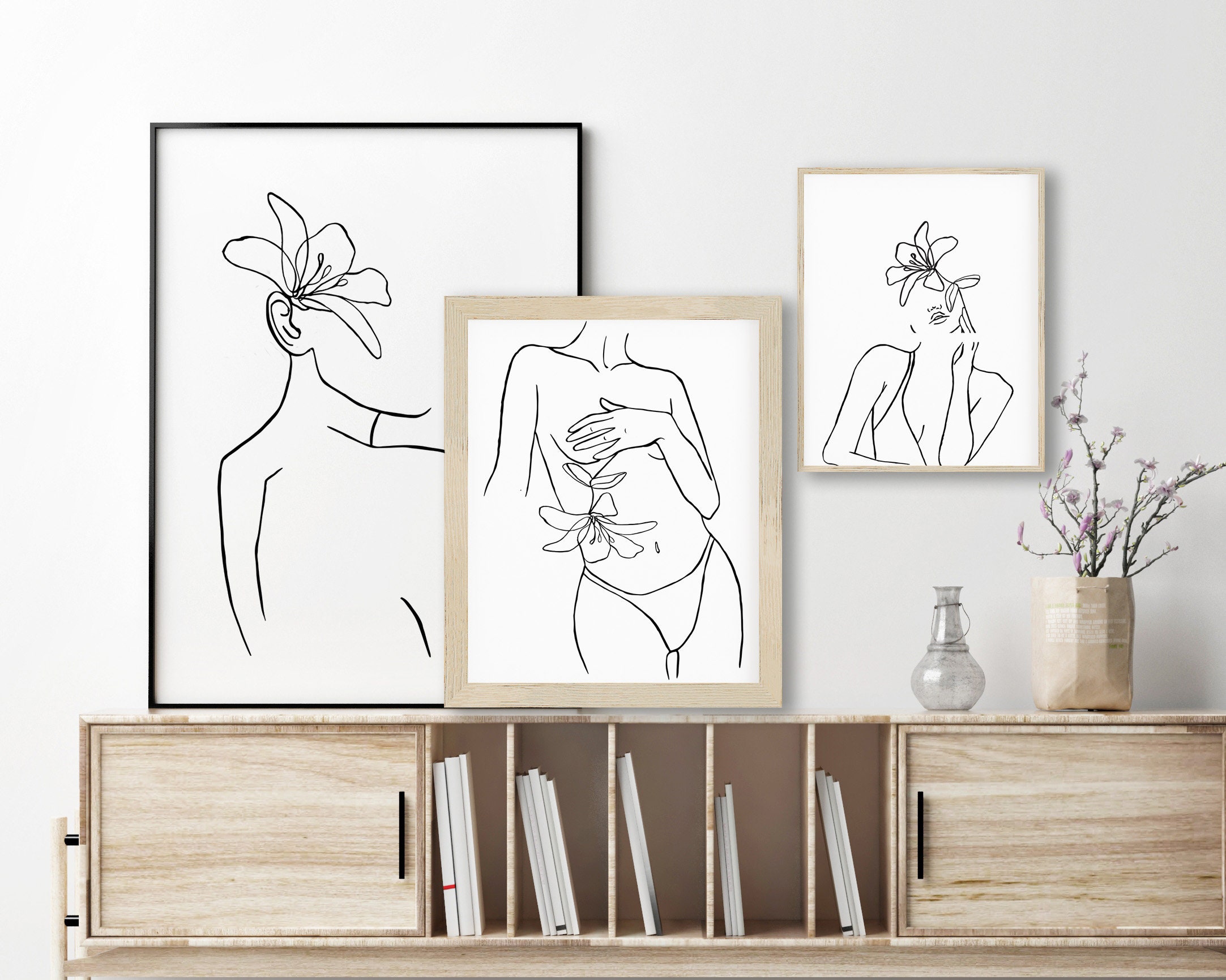 Female Nude Line Art Set of 3 Prints, Flower Head Line Art Print ...