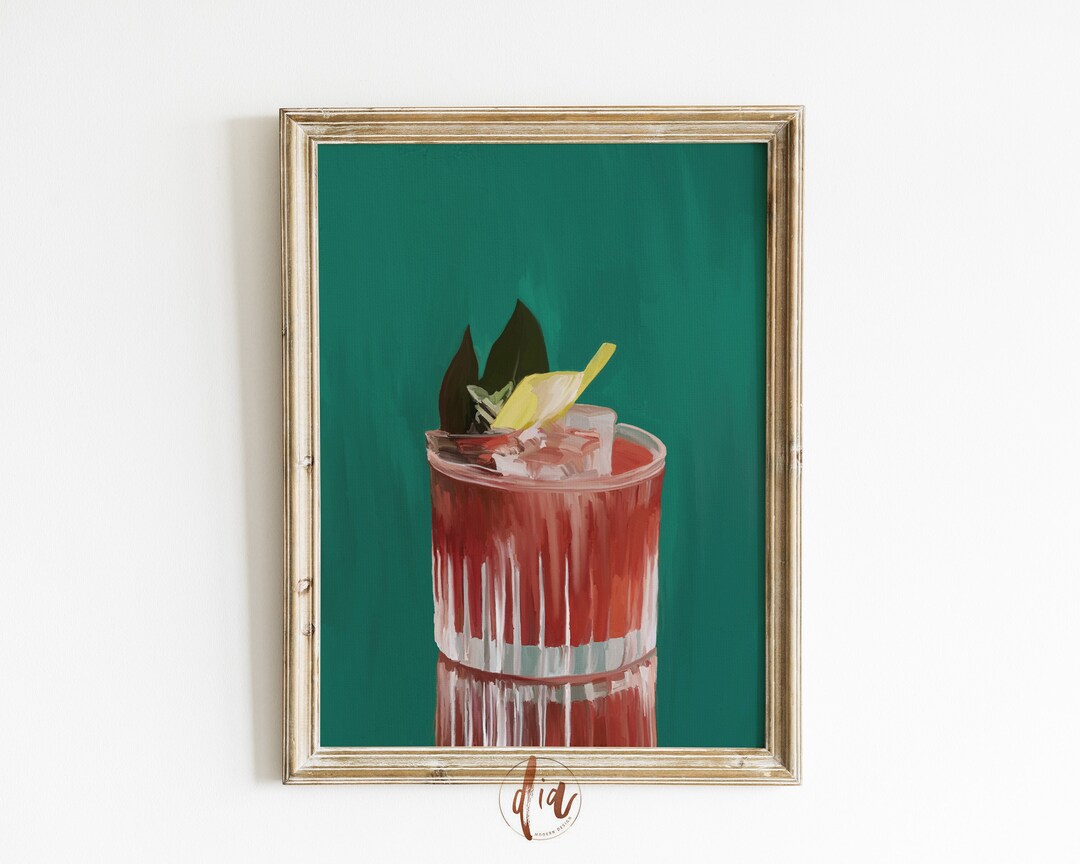 Cocktail Print, Bar Cart Wall Art, Preppy Drink Painting, Downloadable Art, Teal Orange Drink