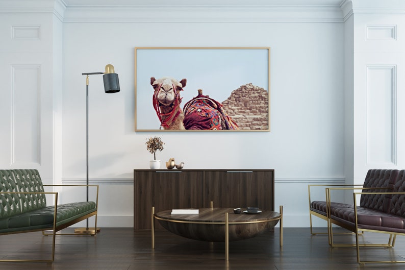 May include: A living room interior with two dark green leather chairs, a dark wood cabinet, a round wooden coffee table with a gold metal base, and a framed print of a camel in front of a pyramid.