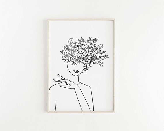 Head Of Flowers Print Line Art Fashion Print Modern Wall Art Prints Woman With Flowers Line Drawing Minimalist Print Downloadable Art Print
