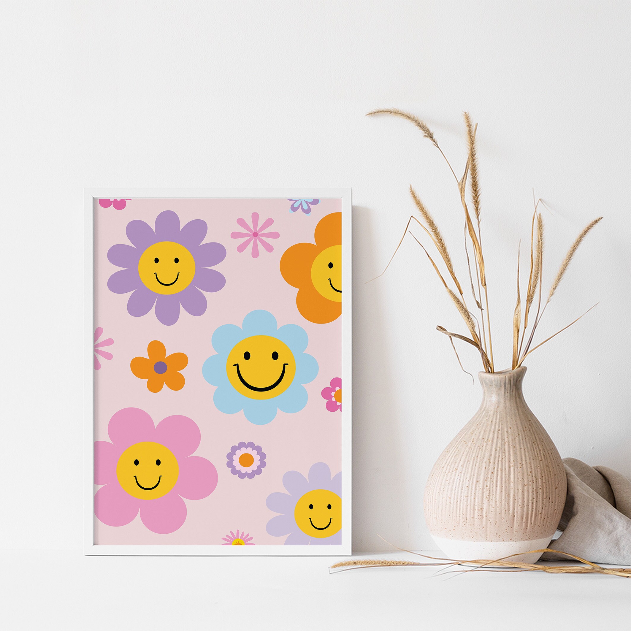 Retro Flower Art Print, Smiley Face Flowers, 70's Poster Print, Y2K ...